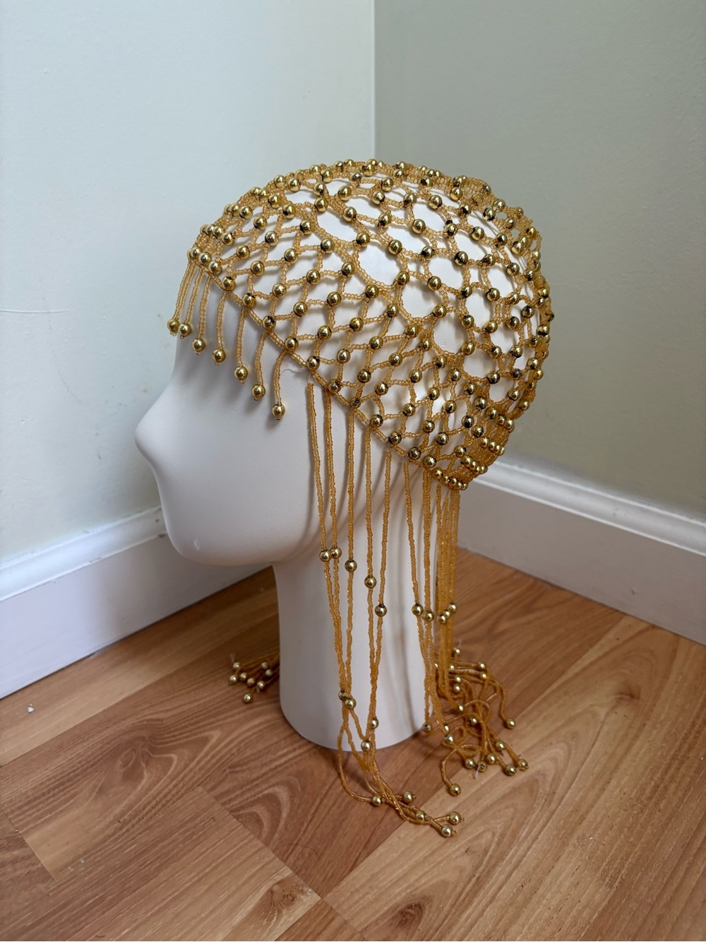 Cleopatra Style Gold Beaded Mesh Headpiece - Women Accessories
